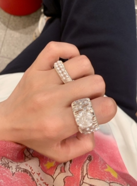 珠光山茶花 手工拉丝镂空珍珠戒指女高级冷淡风食指戒指开口可调