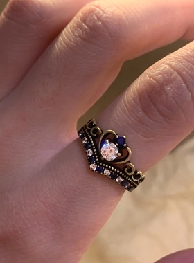 vintage蓝白锆石皇冠戒指女小众复古食指戒指古着指环个性戒圈潮