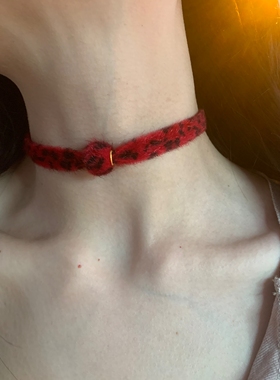 显白的红色豹纹圆球choker颈链女甜酷辣妹风项圈布艺颈带y2k项链