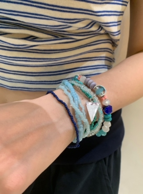 海盐蓝 叠戴米珠手链女波西米亚风高级感多巴胺手串小众手工饰品