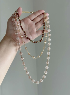 栗晶金棕串珠项链女长款高级感毛衣链美拉德咖色项链古早感配饰潮