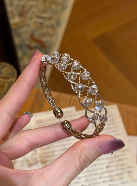 中古vintage咖金色米珠手镯高级感车花线水晶手环时髦轻奢手饰品