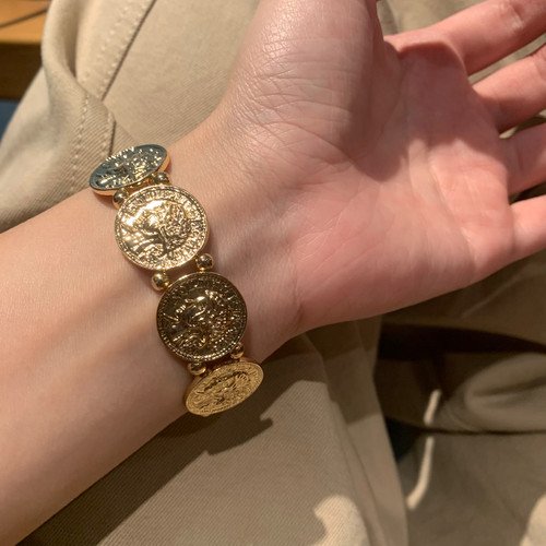 vintage 浅金色钱币浮雕手镯女弹力手环复古波西米亚风手饰品2026