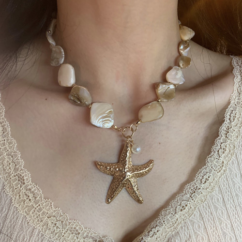 棠洛 海岛贝壳片项链波西米亚度假风星星吊坠废土夸张饰品2025潮
