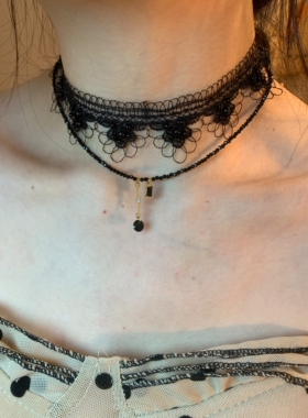 微醺时刻 暗黑蕾丝choker叠戴尖晶石流苏锁骨链小众手作甜酷颈链