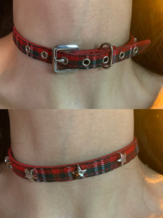 棠洛 细款红格子皮带扣choker项圈女辣妹y2k亚文化红色颈链配饰潮
