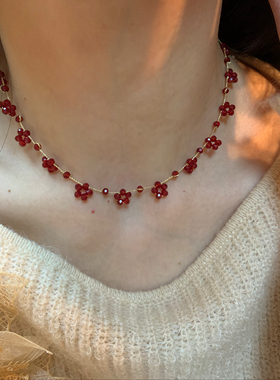 手作款 显白~山野莓莓红色水晶串珠锁骨链女小众波西米亚风颈链潮