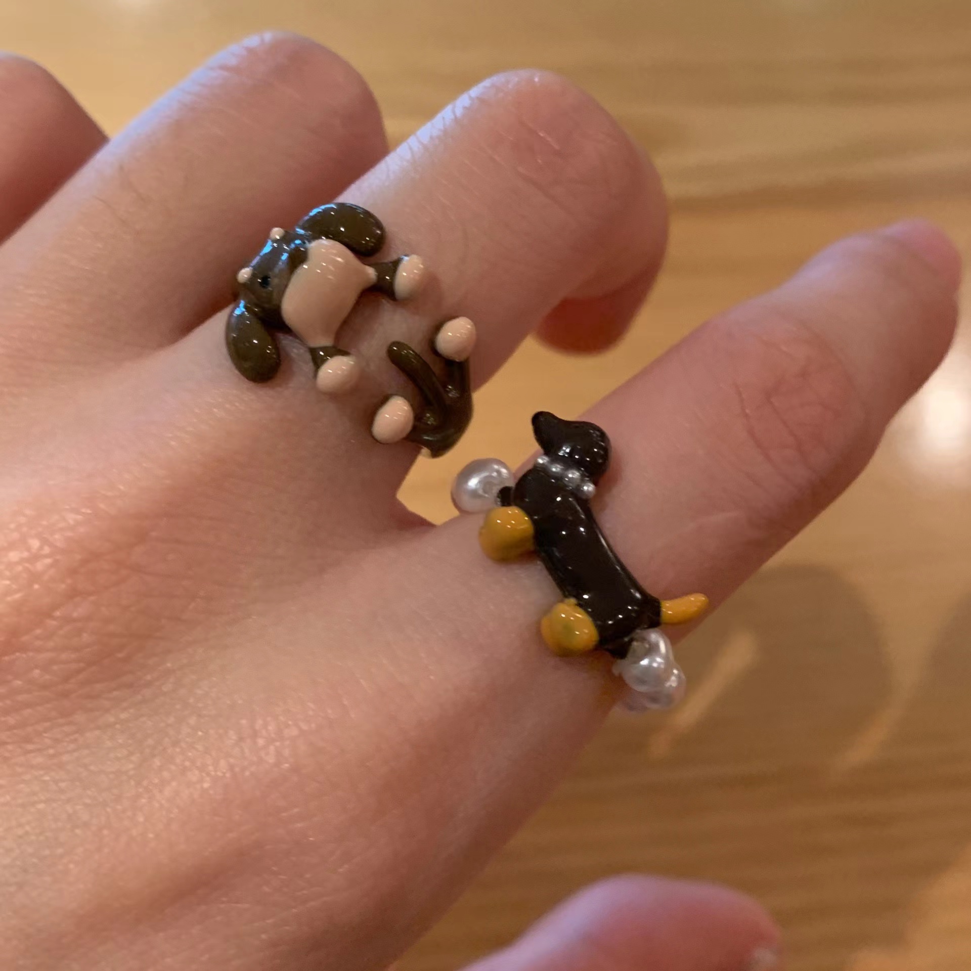 油画腊肠修狗珍珠戒指女秋冬