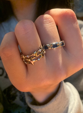 小众个性浅钛金星星戒指女叠戴牛仔蝴蝶食指戒指高级感日常百搭潮