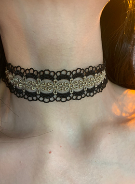 棠洛 千禧唱片黑金蕾丝choker项圈女高级感布艺颈链波西米亚风潮