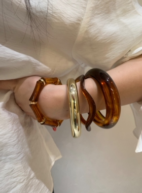 原创款 竹节琥珀色4件套手镯女复古ins欧美辣妹夸张手环叠戴2026