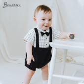 benzdeer韩国26夏男宝婴儿童连体衣格子背带生日百岁周岁礼服爬服