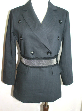 PENNY自制 灰色薄羊毛干练双排扣钉珠腰带 西装外套 S08003