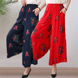 女九分裤 裙裤 春夏薄款 印花大脚裤 潮 棉绸高腰宽松显瘦休闲裤 阔腿裤