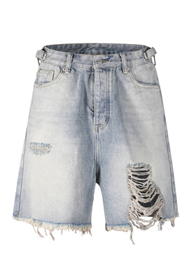 UNZEOT美式高街大破坏流苏毛边五分裤男女嘻哈风牛仔中裤