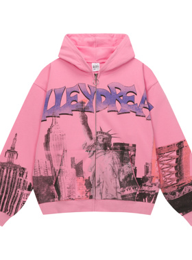 UNZEOT美式高街自由女神像印花男女宽松开衫连帽卫衣外套 秋