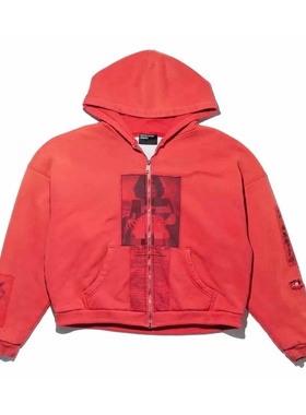 erd忧郁的富二代25ss新款红色女性肖像诗句贴布印花水洗做旧卫衣