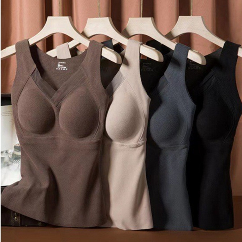 8803石墨烯保暖背心女 V领一体式免穿文胸自发热修身显瘦打底内衣