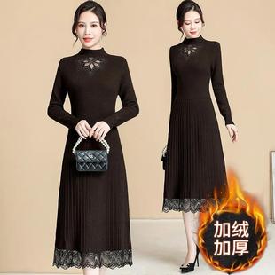 一体绒毛衣打底裙女秋冬中长款过膝连衣裙加绒加厚显瘦收腰针织衫