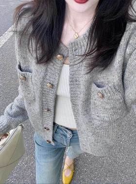 系短款灰色5698韩毛衣开衫小外女春秋宽级松小个套子高感软糯针织