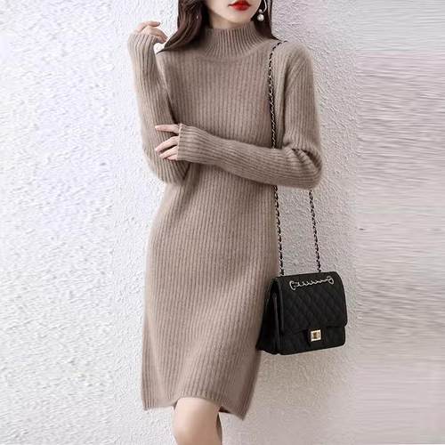 复古半高领TZG针毛衣裙秋冬中长款修身女显织瘦底衫配大衣过打膝