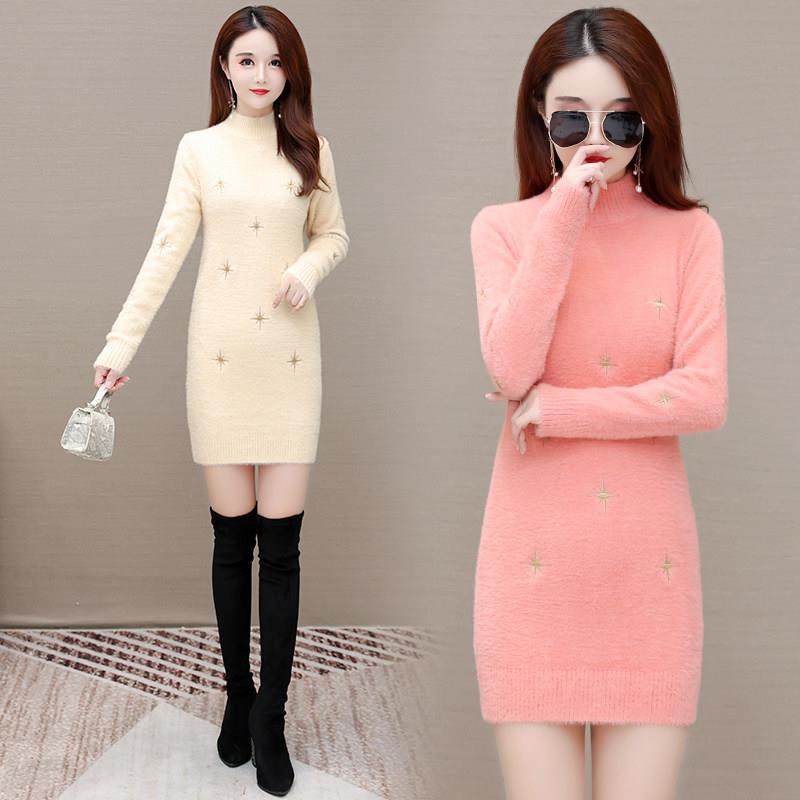 加厚加绒水貂绒保暖毛衣女2022秋冬新款中长款绣花长袖针织打底衫