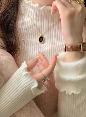 式温柔风衣木耳边半高领针法织衫女绒加厚一体FUU绒加毛秋冬保暖