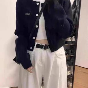 灰色小众短小个OCV子针织衫女春2025新款开款秋修身圆领长袖毛衣