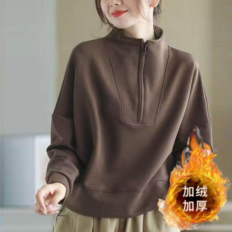 半拉链立领长袖卫衣女2025秋冬季新款宽松休闲短款纯色加绒上衣服