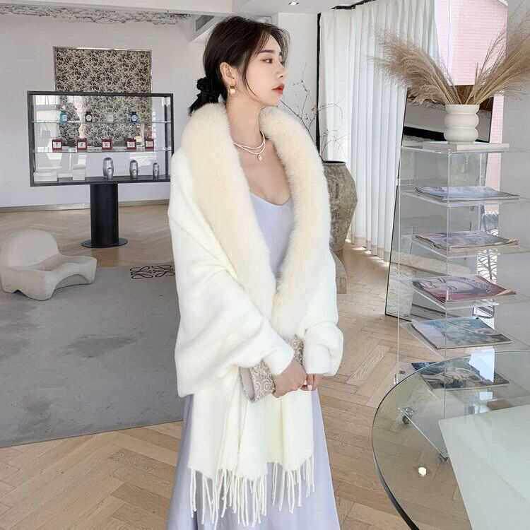 秋冬新款仿水貂绒披肩经典纯色流苏狐狸毛大毛领外搭围巾斗篷披风