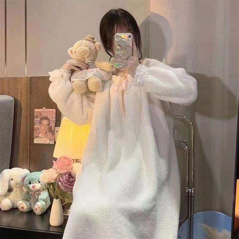 加绒加厚珊瑚绒长款过膝睡裙女冬季2023新款甜美纯欲风家居服睡衣