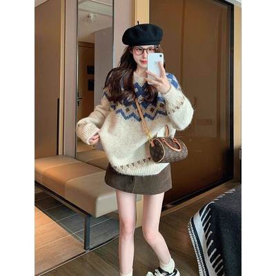 港尔岛套头毛衣女冬季加厚味AJT覆古奶ufu慵懒风小个子f内搭针织