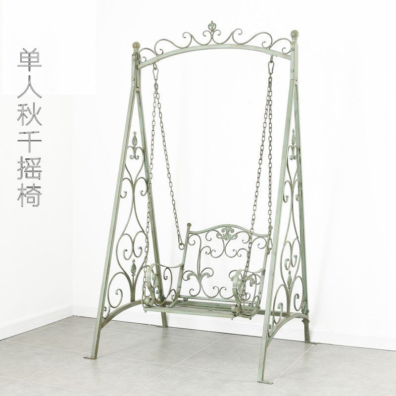 新款美式乡村复古作旧铁艺单人秋千摇椅庭院花园园艺杂货户外秋千