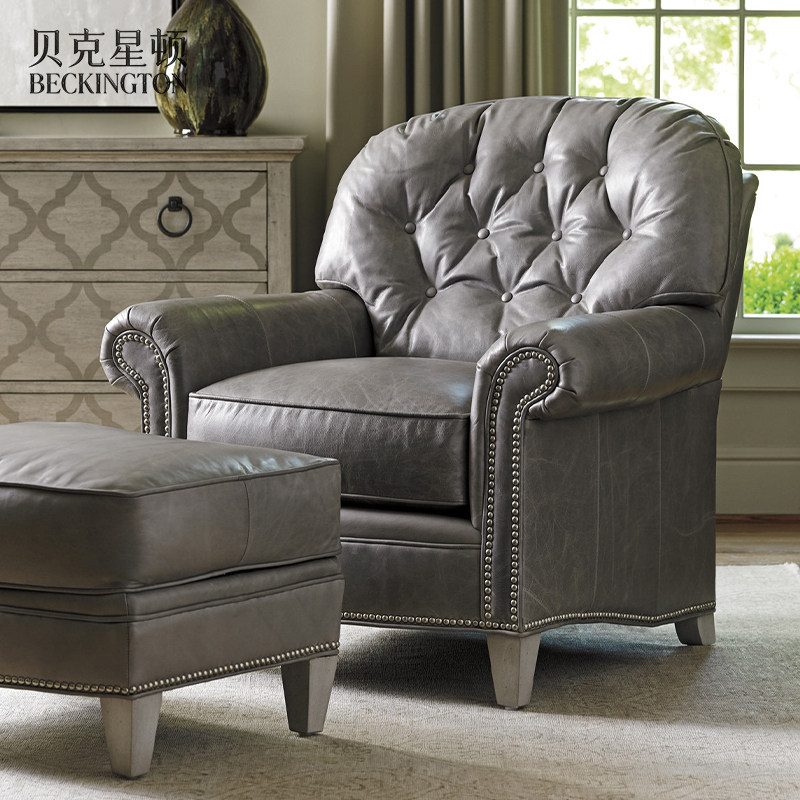 美式桃花心木真皮单人沙发椅卧室轻奢休闲布艺软包拉扣沙发椅脚踏