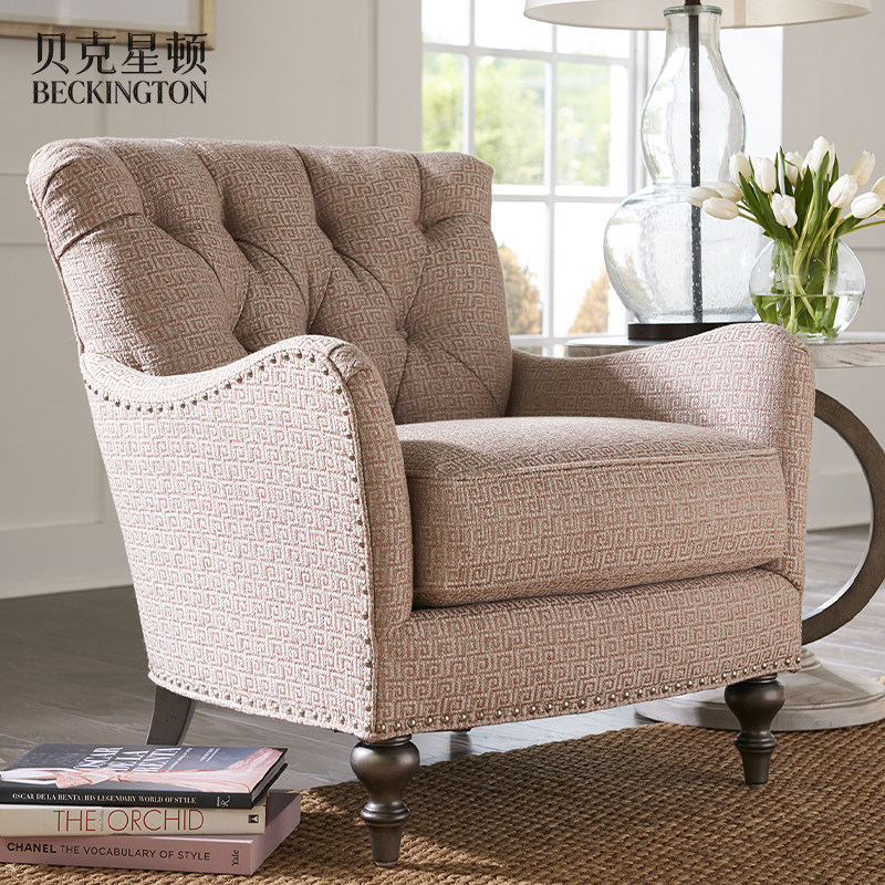 进口全真皮单人位沙发软包休闲椅美式拉扣复古桃花心木做旧老虎椅