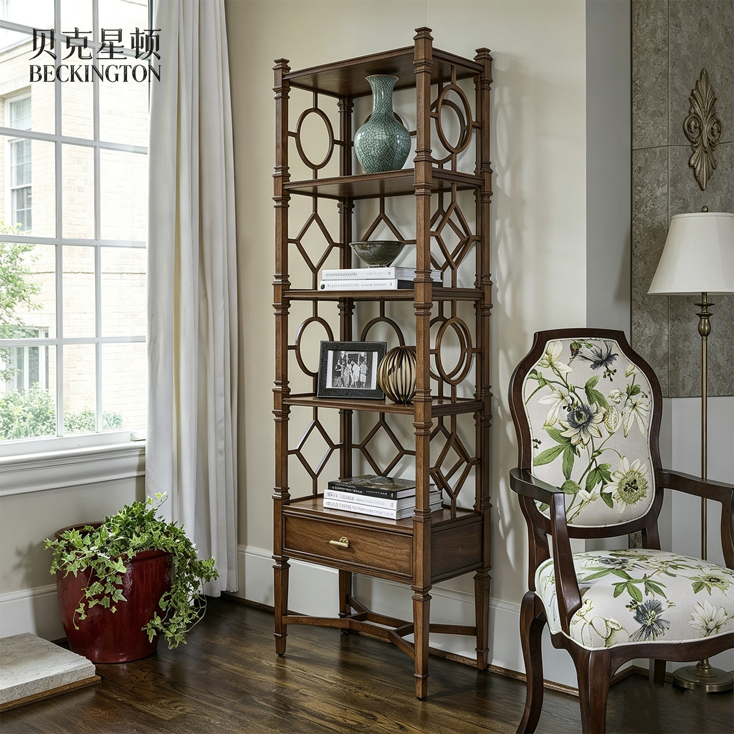 美式实木博古架复古做旧圆形镂空展示架客厅书房落地置物架收纳柜