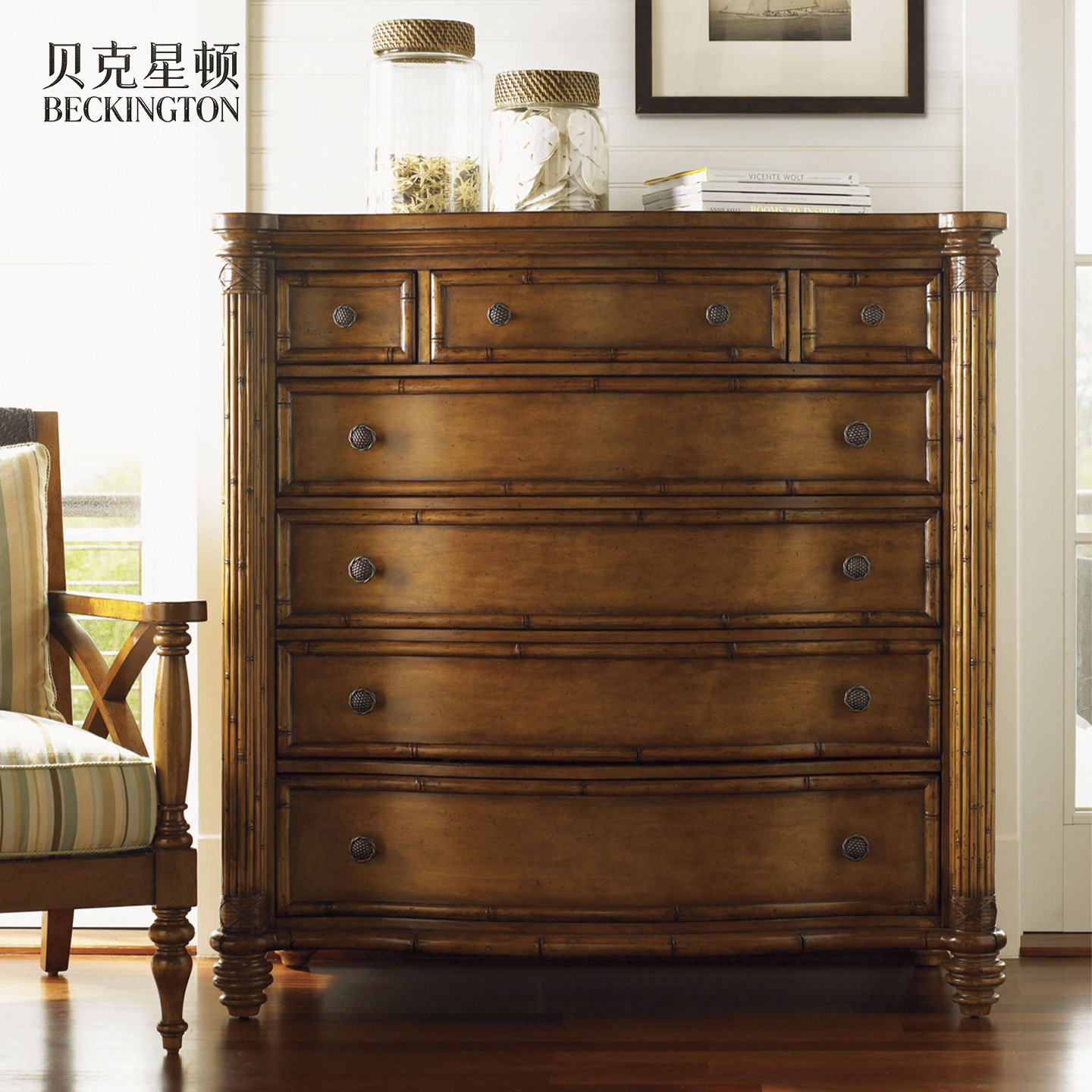 美式复古做旧轻奢竹节七斗柜东南亚风实木卧室收纳柜高端定制高柜