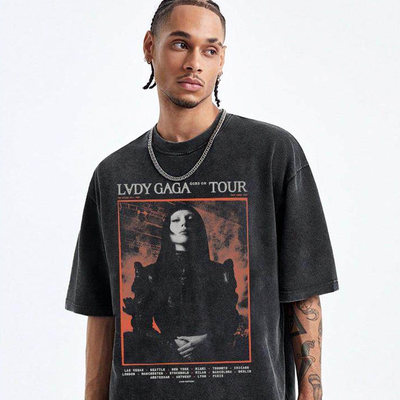 欧美LadyGaga美式复古水洗纯棉做旧短袖t恤男女夏季宽松高街潮牌t