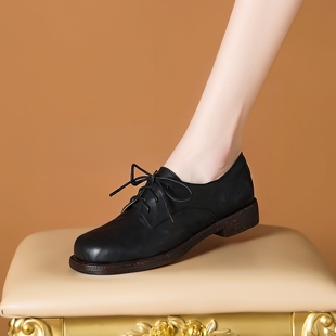 圆头单鞋2025年新款女鞋真皮系带软底鞋小皮鞋女鞋软底鞋子平底鞋