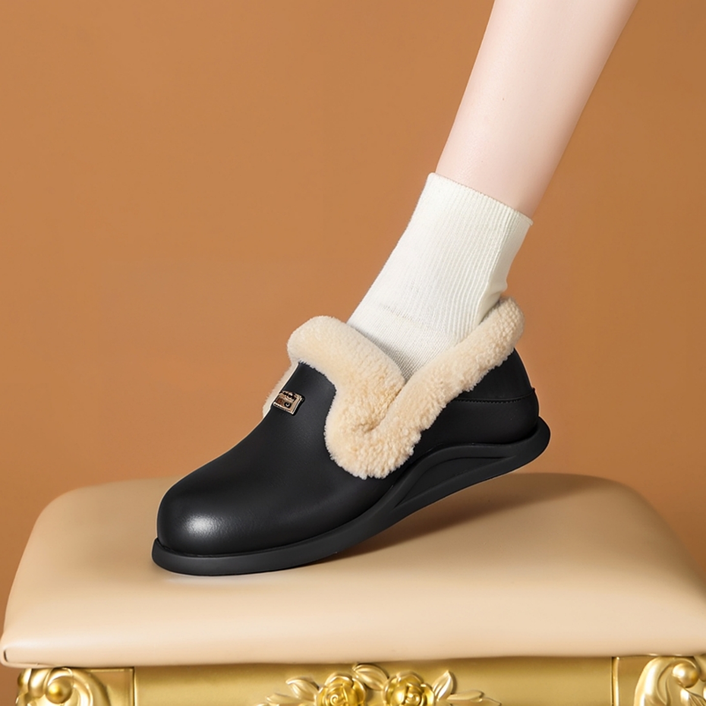 加绒乐福鞋平底内增高鞋
