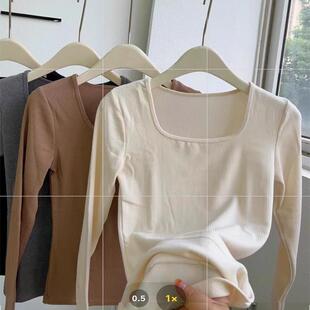 惠芝欣12208方领螺纹磨毛保暖上衣秋冬百搭女长袖修身显瘦打底衫