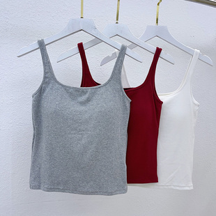 M069优可丝方领韩版 吊带螺纹背心女带胸垫一体杯美背内搭外穿上衣