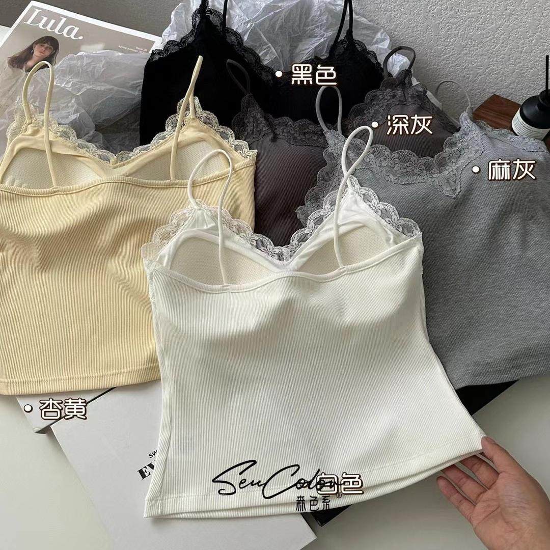 黛美芮美背内衣蕾丝边V领螺纹吊带背心女内搭带胸垫一体杯打底衫,女装/女士精品,背心吊带,淘宝优惠券,粉丝福利购,淘宝优惠卷