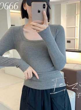 妃子纪90666秋冬方领长袖紧身打底衫磨毛保暖露锁骨外穿显瘦上衣