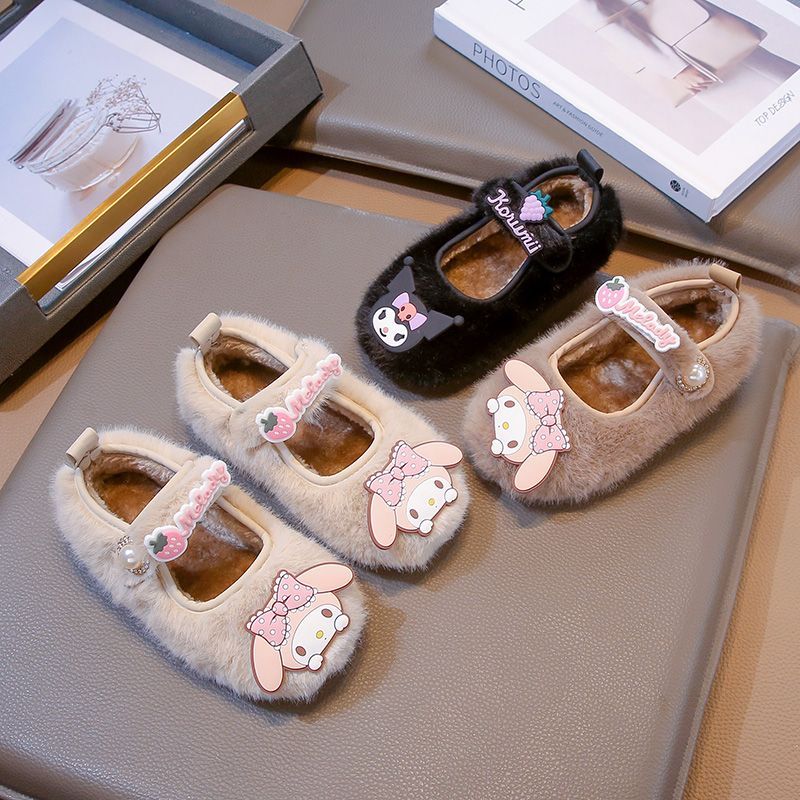 库洛米女童加绒棉鞋2024冬季新款女孩毛毛鞋百搭软底保暖鞋豆豆鞋
