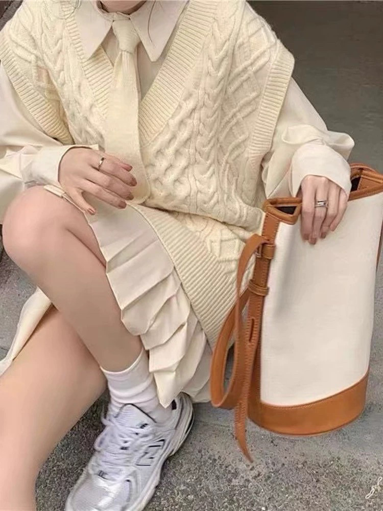 时尚套装女春秋新款洋气减龄显瘦长袖衬衫连衣裙麻花马甲两件套潮