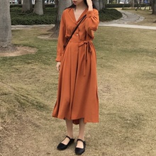 连衣裙雪纺长裙 裙女宽松系带长袖 港风中长款 衬衫
