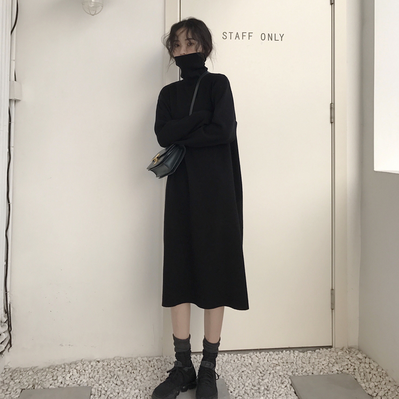 秋冬季韩版女装宽松显瘦过膝中长款针织毛衣裙高领长袖打底连衣裙