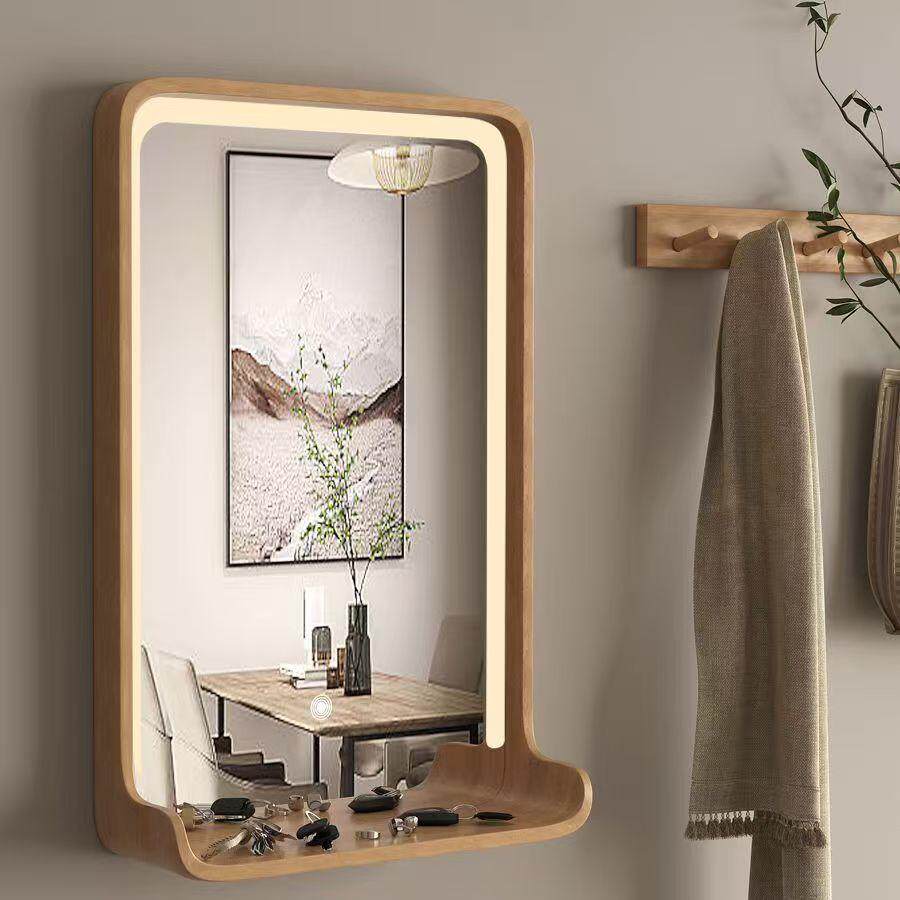 实木民宿家用卫生间浴室镜子梳妆镜洗手台镜led灯化妆镜带置物架