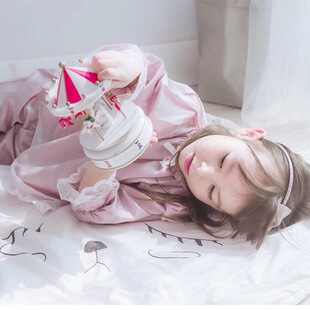 2025春装儿童家居服套装女童花边睡衣女孩秋季洋气蕾丝长袖丝绸夏
